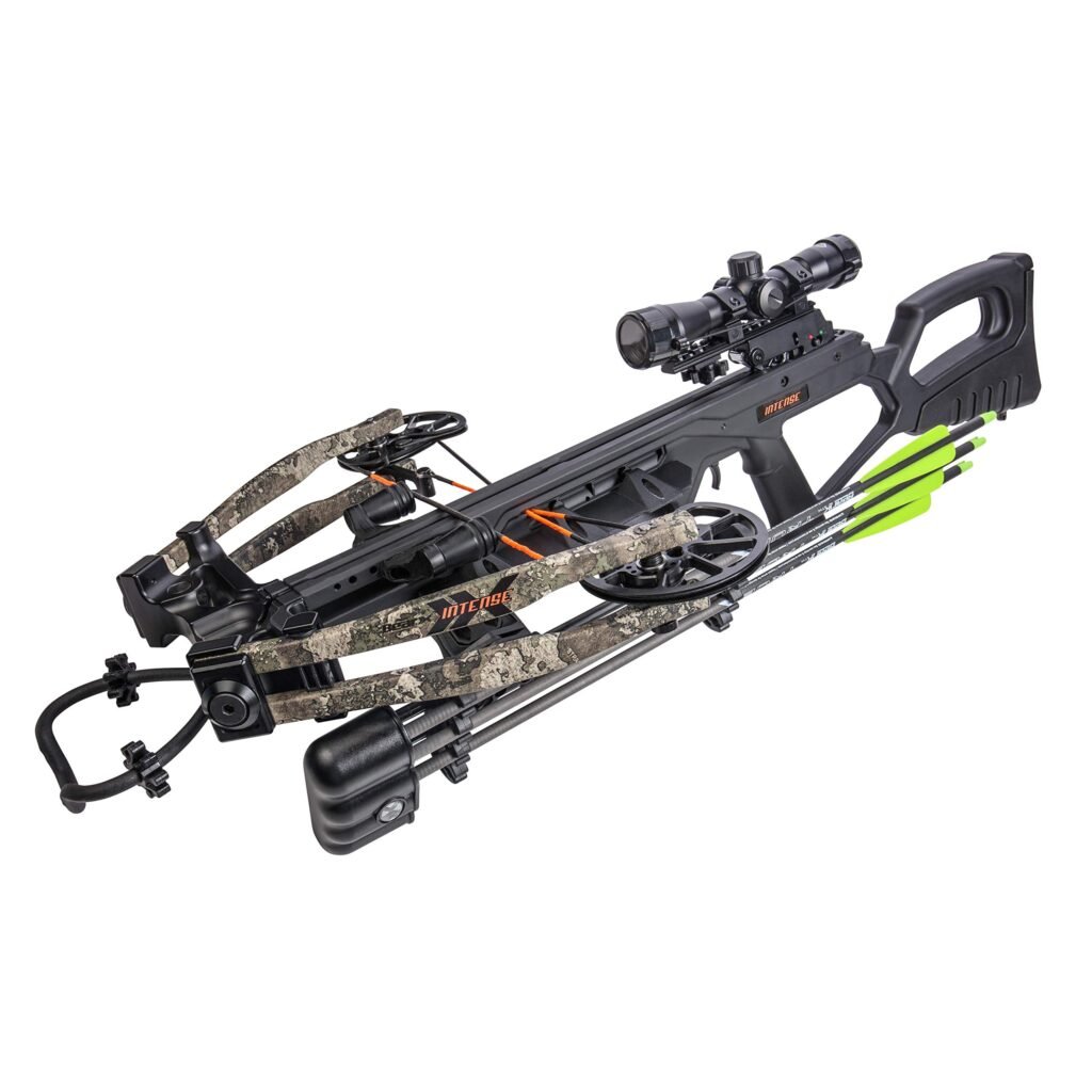 BearX Intense crossbow with compact limbs and illuminated scope, shown as a fast and compact women-friendly option.