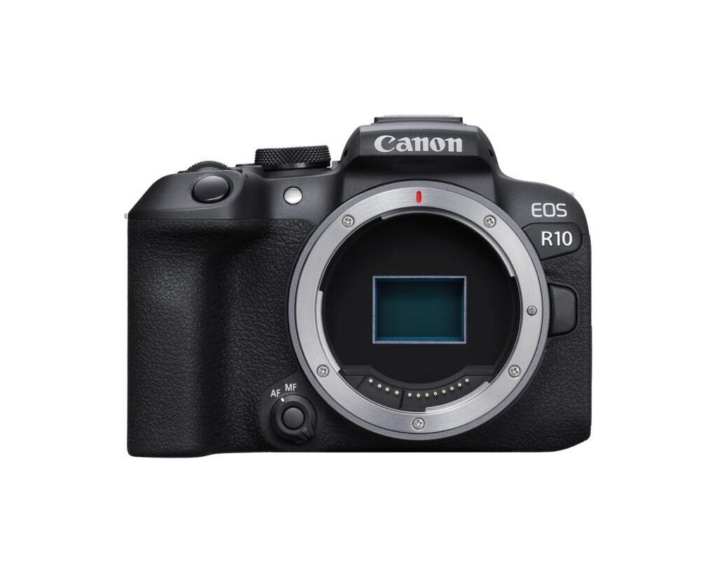 Canon EOS R10 mirrorless camera with a small kit lens, used for beginner digital photography in 2026.