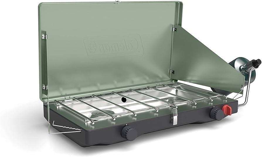 Coleman Cascade Classic two-burner propane camping stove with wind guards, pictured for basic car camping cooking.