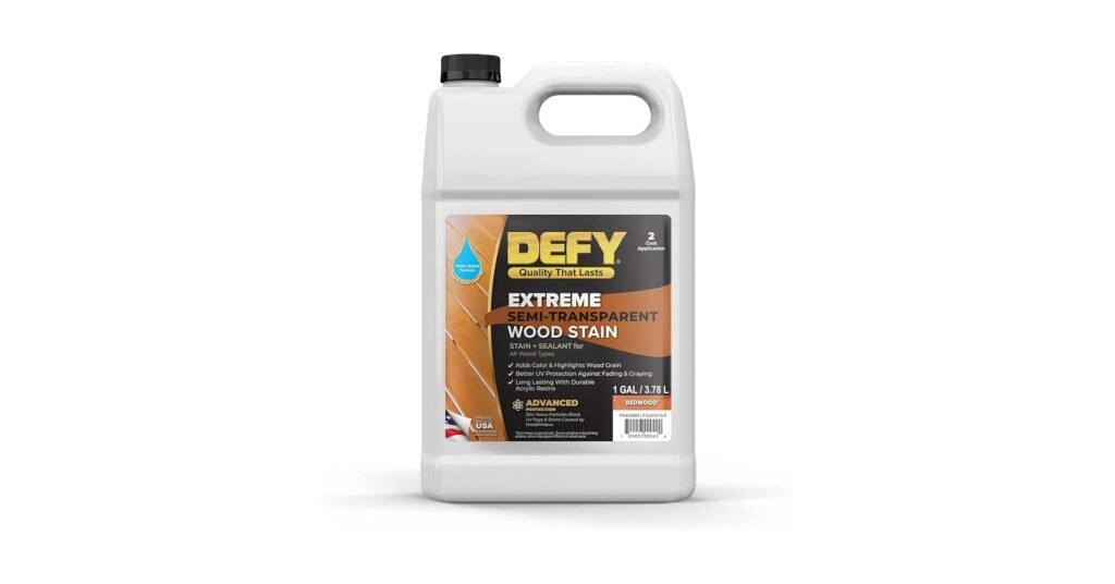 DEFY Extreme semi-transparent wood stain on cedar boards, showing a flat finish with visible grain and cedar-tone color.