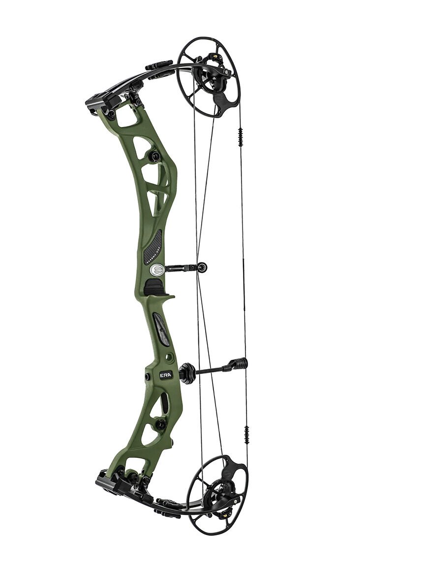Elite Era compound bow set up for hunting with a compact carbon riser and stabilizer, shown as a top 2026 hunting bow.