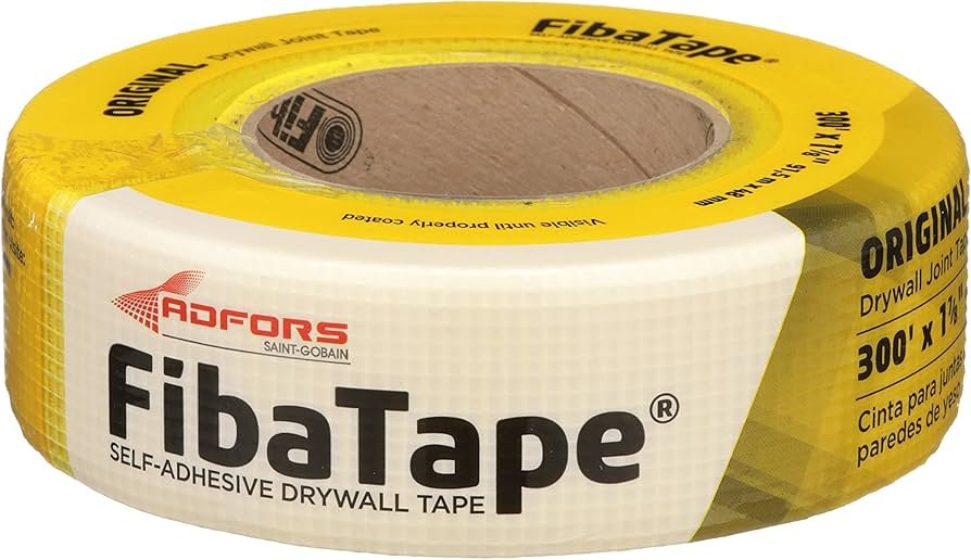 FibaTape fiberglass mesh tape on a repaired drywall joint, ready for compound in a home project