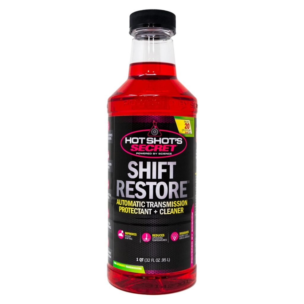 Hot Shot’s Secret Shift Restore transmission additive bottle for slipping transmission in diesel trucks, used to help sticky components and shift quality.