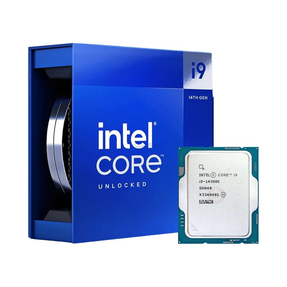 Intel Core i9-14900K processor mounted on a gaming motherboard, shown for gaming and streaming use.