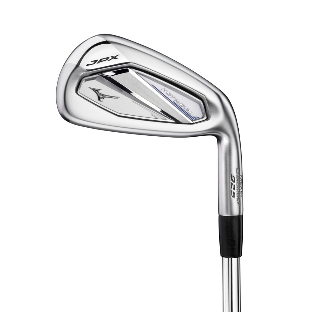 Mizuno JPX 925 Hot Metal game-improvement irons at address, shown as a 2026 pick for average golfers who want easy launch and steady distance.