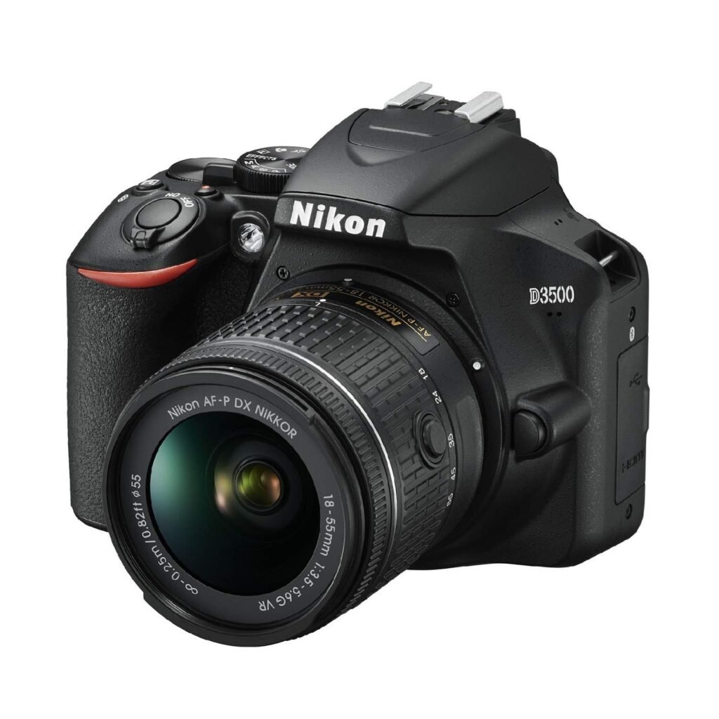 Nikon D3500 DSLR camera with standard zoom lens, shown as a beginner digital photography learning camera in 2026.