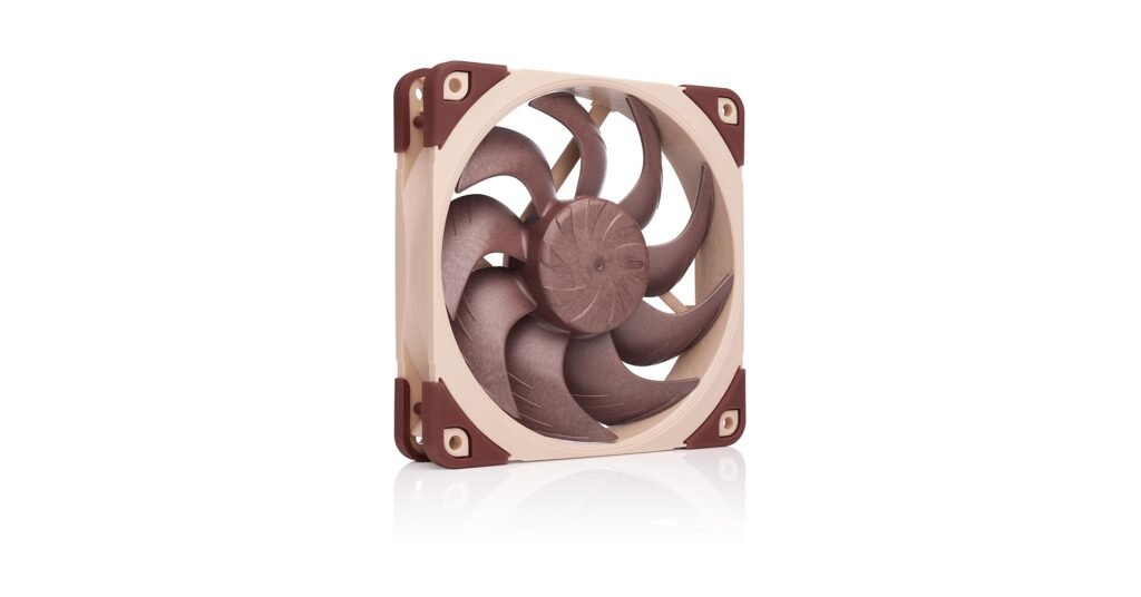 Noctua NF-A12x25 G2 120mm PC case fan mounted as an intake fan on a gaming build, shown as a top 2026 cooling pick.