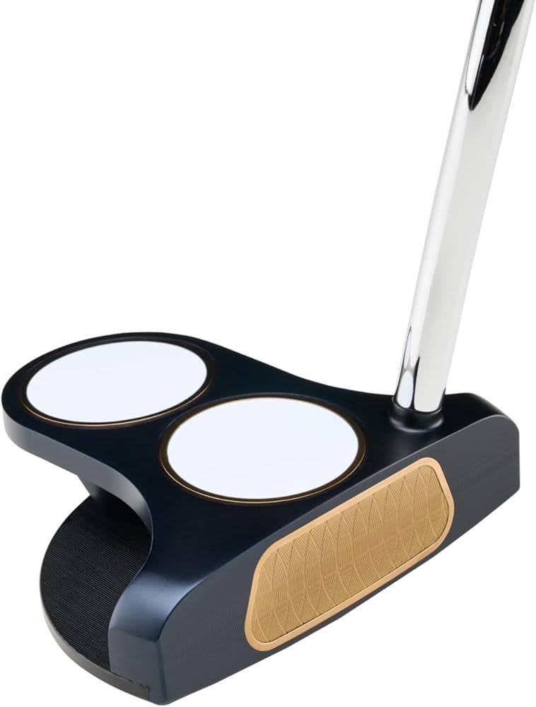 Odyssey 2-ball mallet putter set behind a golf ball on a green, showing twin alignment circles for easy aim.