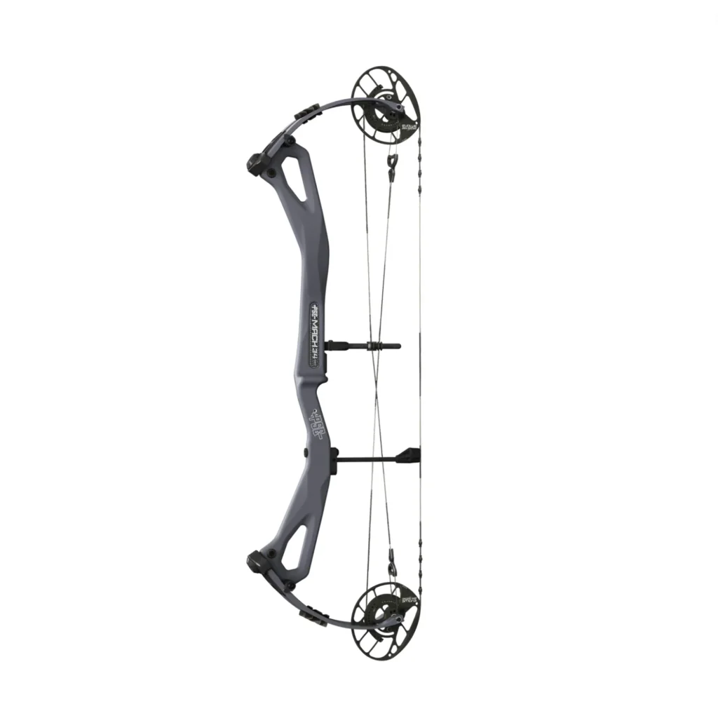PSE Mach 34 compound bow with carbon riser and hunting accessories, highlighted for accuracy and tuning control.