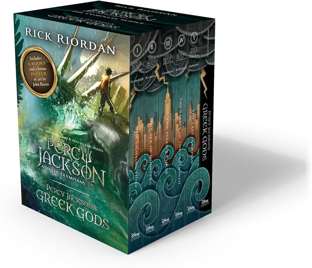 Percy Jackson holding a pen-sword with myth-inspired characters in the background, a fantasy pick for tweens.