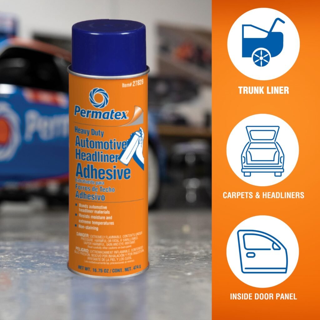 Permatex heavy-duty headliner adhesive spray applied inside a vehicle roof liner.