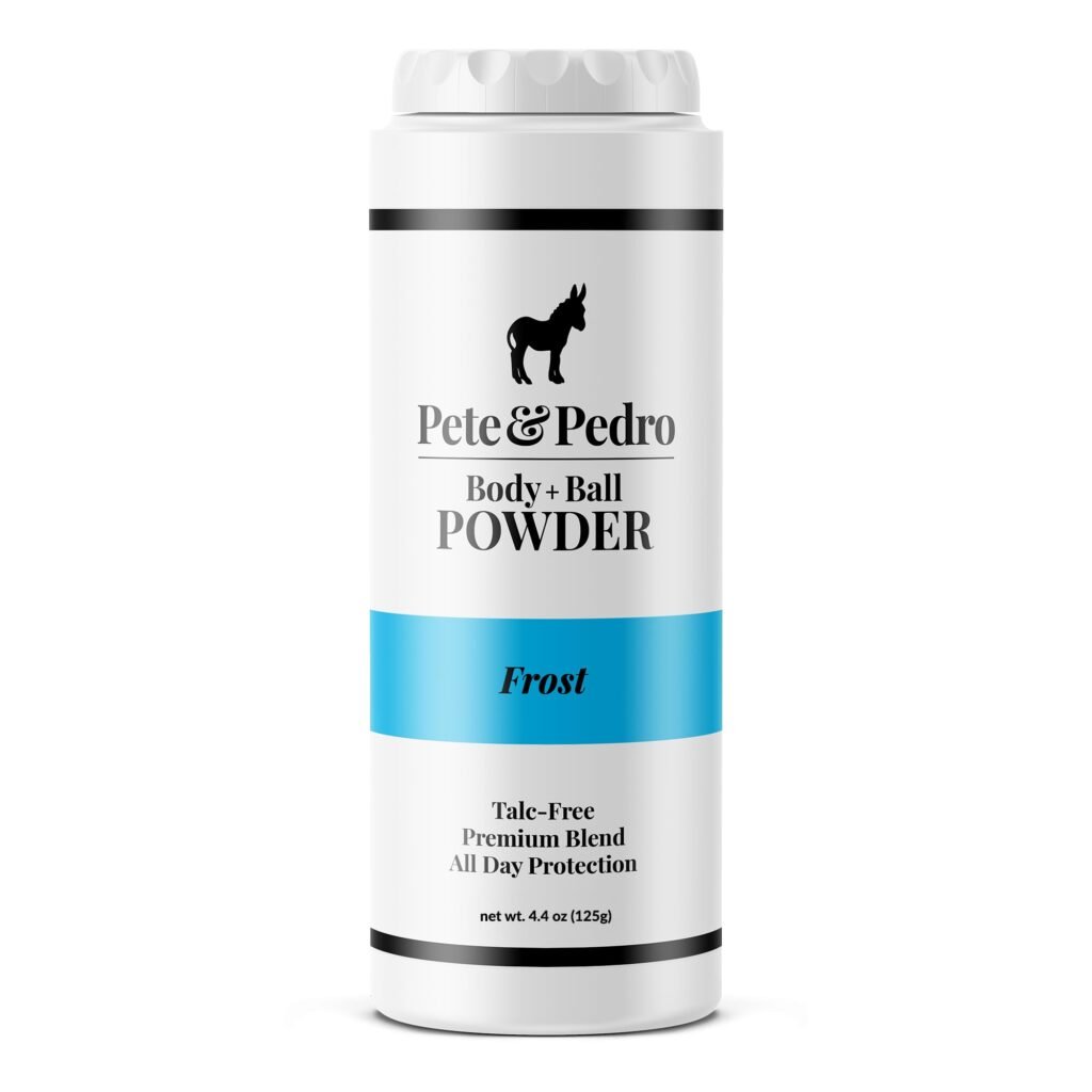Pete & Pedro Body & Balls Powder bottle with a clean men’s grooming look, shown as a best powder for balls option for daily freshness.