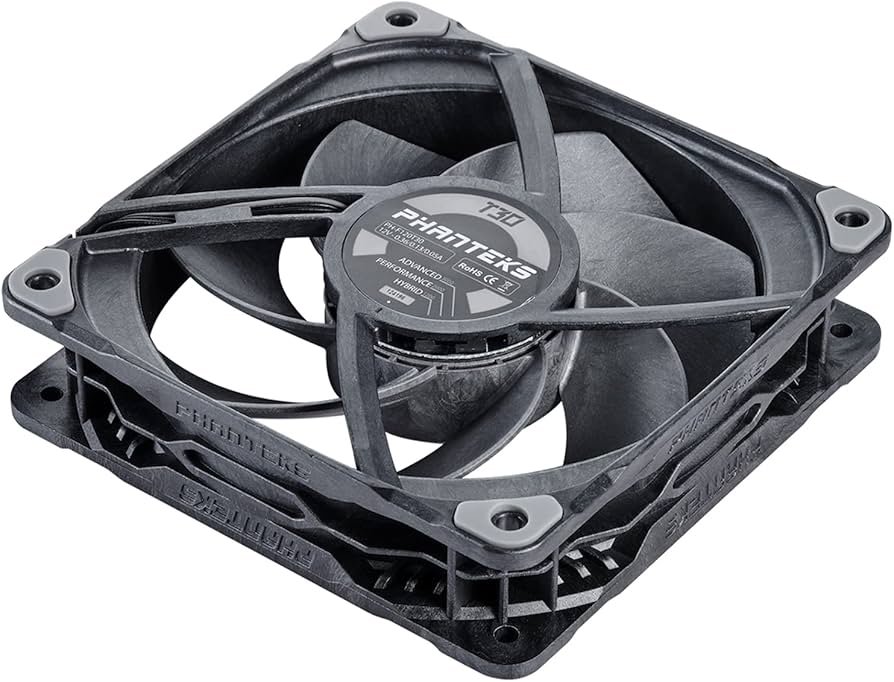 Phanteks T30-120 thick 120mm fan mounted on a radiator in a PC, shown as a 2026 cooling fan choice for high static pressure.