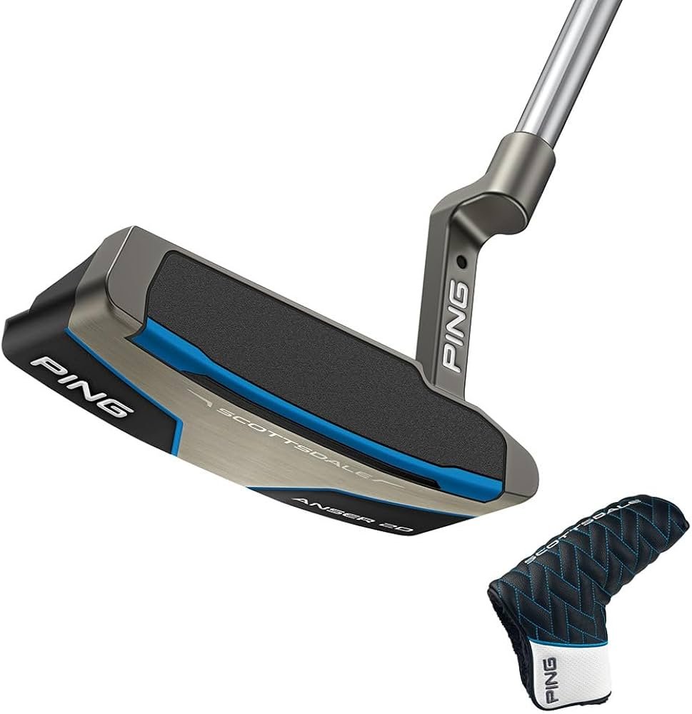 Ping Scottsdale Anser 2D mid-mallet putter on a green, with a compact back shape that blends blade feel with added forgiveness.