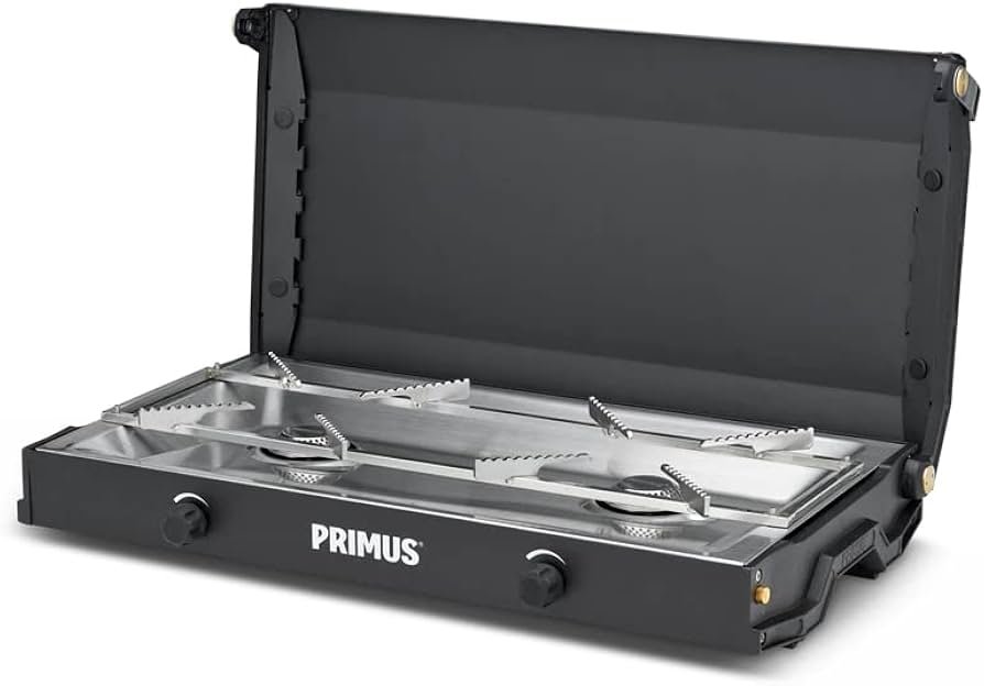 Primus Kinjia compact two-burner camping stove with a slim carry design, shown as a neat option for car camping.