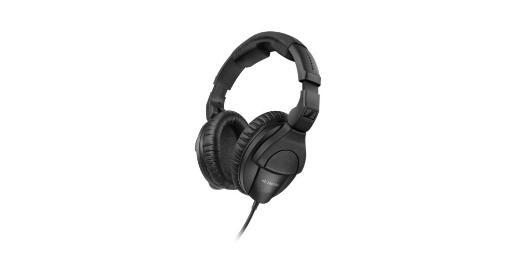 Sennheiser HD 280 Pro closed-back headphones used for drumming practice, tuned for a clear click and reduced room noise.