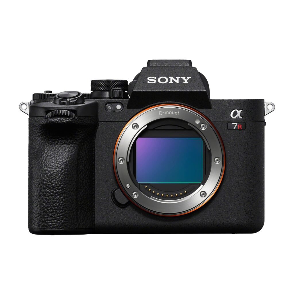 Sony A7R V full-frame camera set up on a strap, aimed at high-detail digital photography photos in 2026.