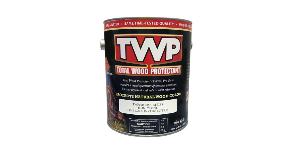 TWP 100 Pro Series cedar-tone semi-transparent stain on outdoor cedar decking, showing rich color with grain still visible.