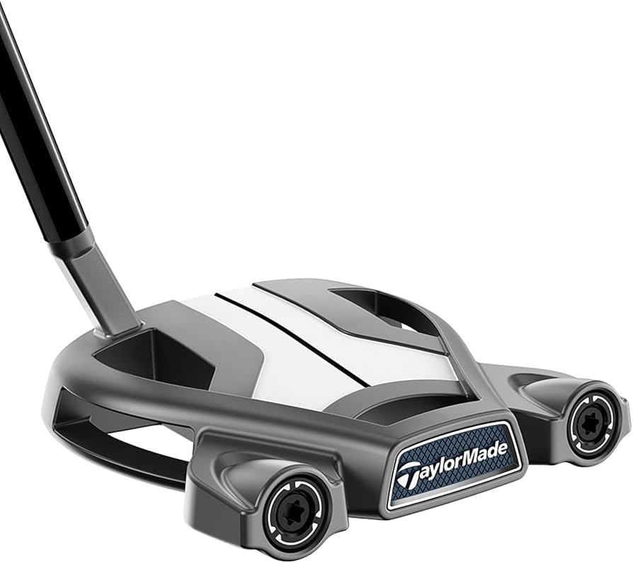 TaylorMade Spider Tour mallet putter at address on a practice green, showing a wide back section built for stability.