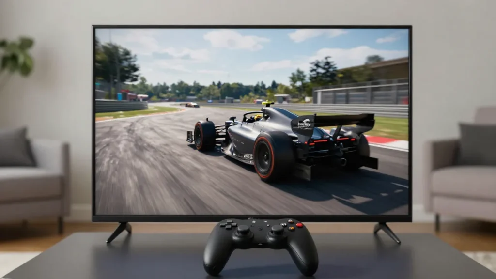 Racing video game on a TV screen with a controller on a table for a best car games for PS5 guide
