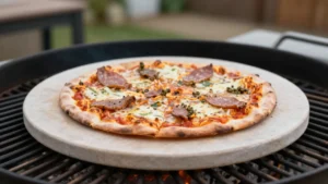 Pizza stone placed on a grill with a cooked pizza for a best pizza stone for grill guide