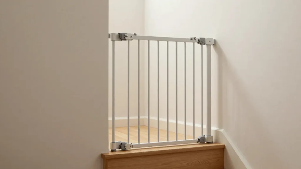 Baby safety gate installed at the top of a staircase for home child safety