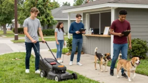 Teenagers doing different summer jobs such as lawn care and dog walking