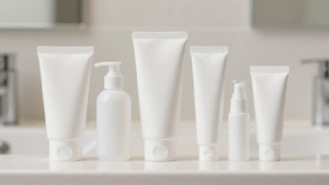 Over-the-counter antifungal treatment products arranged on a bathroom counter
