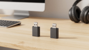 USB Bluetooth adapters placed on a desk for a best Bluetooth adapter for PC comparison
