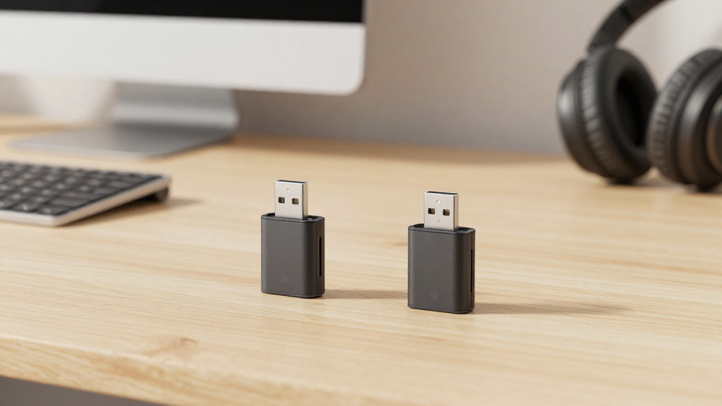 USB Bluetooth adapters placed on a desk for a best Bluetooth adapter for PC comparison