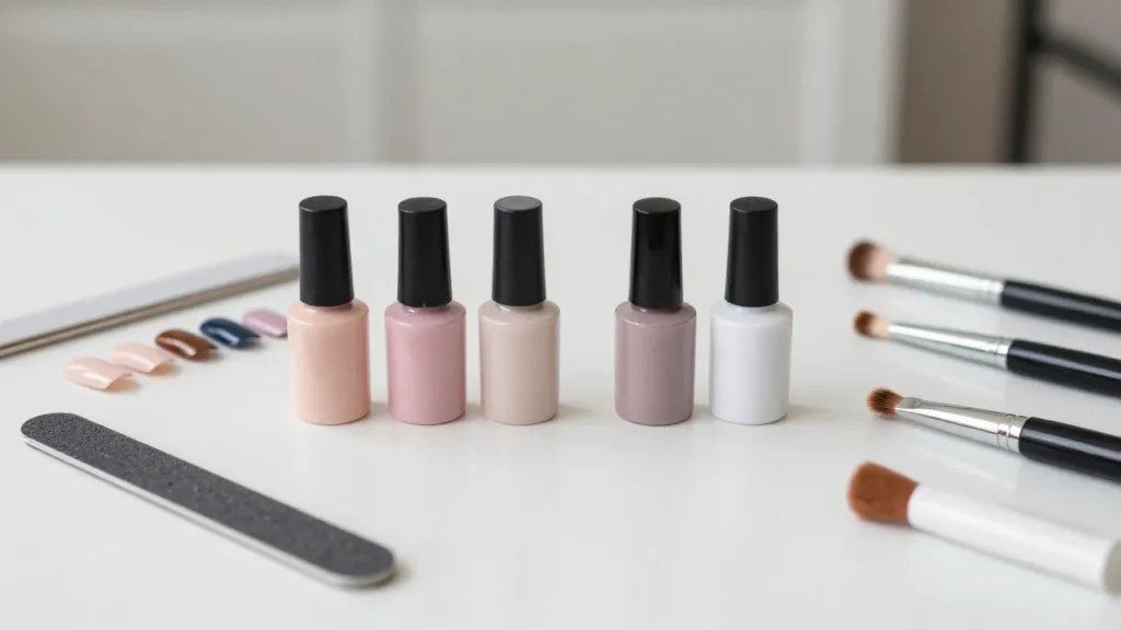 Nail glue bottles and fake nails arranged on a manicure table for a best glue for fake nails guide
