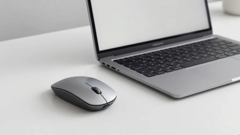 Wireless mouse placed next to a laptop on a clean desk for a best mouse for MacBook guide