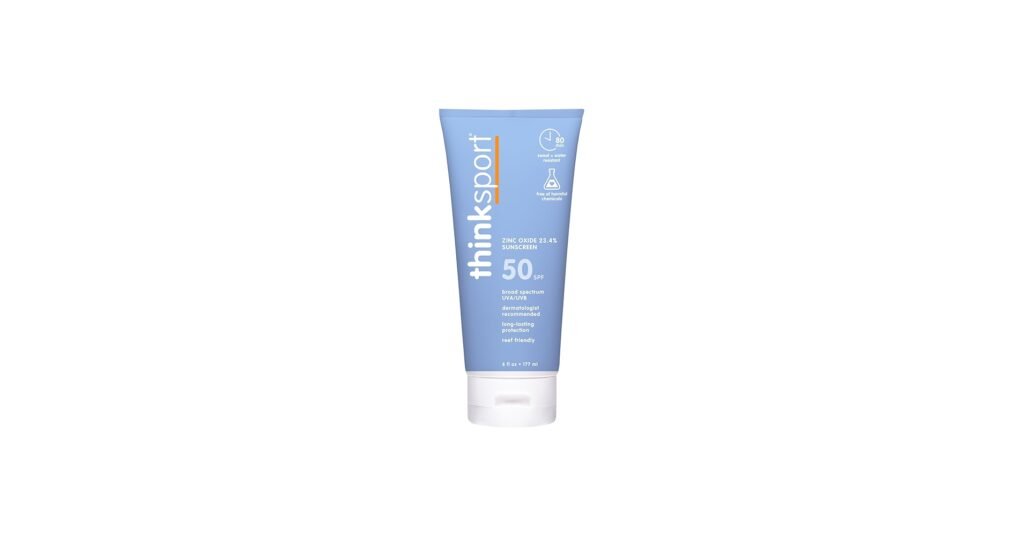 Thinksport SPF 50+ mineral sunscreen tube for outdoor and sweat-prone days