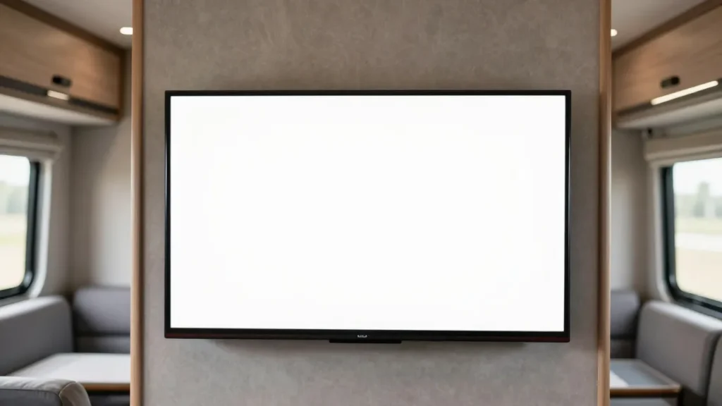 Flat-screen television mounted inside an RV living area for a best TVs for RVs guide